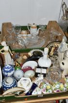 TWO BOXES OF GLASSWARE AND ASSORTED ORNAMENTS, to include two claret jugs, an Aynsley Royal