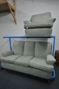 A TEAL UPHOLSTERED TWO PIECE LOUNGE SUITE, comprising a three seater sofa 188cm x depth 90cm x