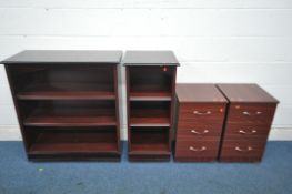A SELECTION OF MAHOGANY EFFECT FURNIUTRE, to include two sized open bookcases, largest width 88cm