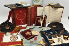 A BOX OF MASONIC REGALIA, to include volumes one two and three of 'The history of the Freemasons