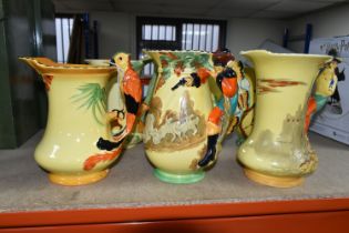 SIX 1930'S BURLEIGH WARE ART DECO JUGS, comprising an exotic humming bird handle 7015, (hairline