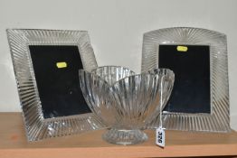 A WATERFORD CRYSTAL FOOTED BOWL AND TWO WATERFORD CRYSTAL EASEL BACK PHOTOGRAPH FRAMES, the bowl a