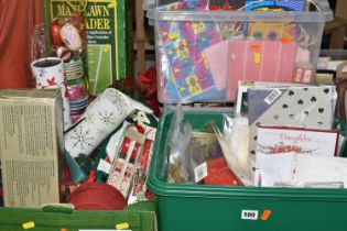 FIVE BOXES OF CHRISTMAS AND PARTY ITEMS, to include Christmas candles (some vintage), fairy