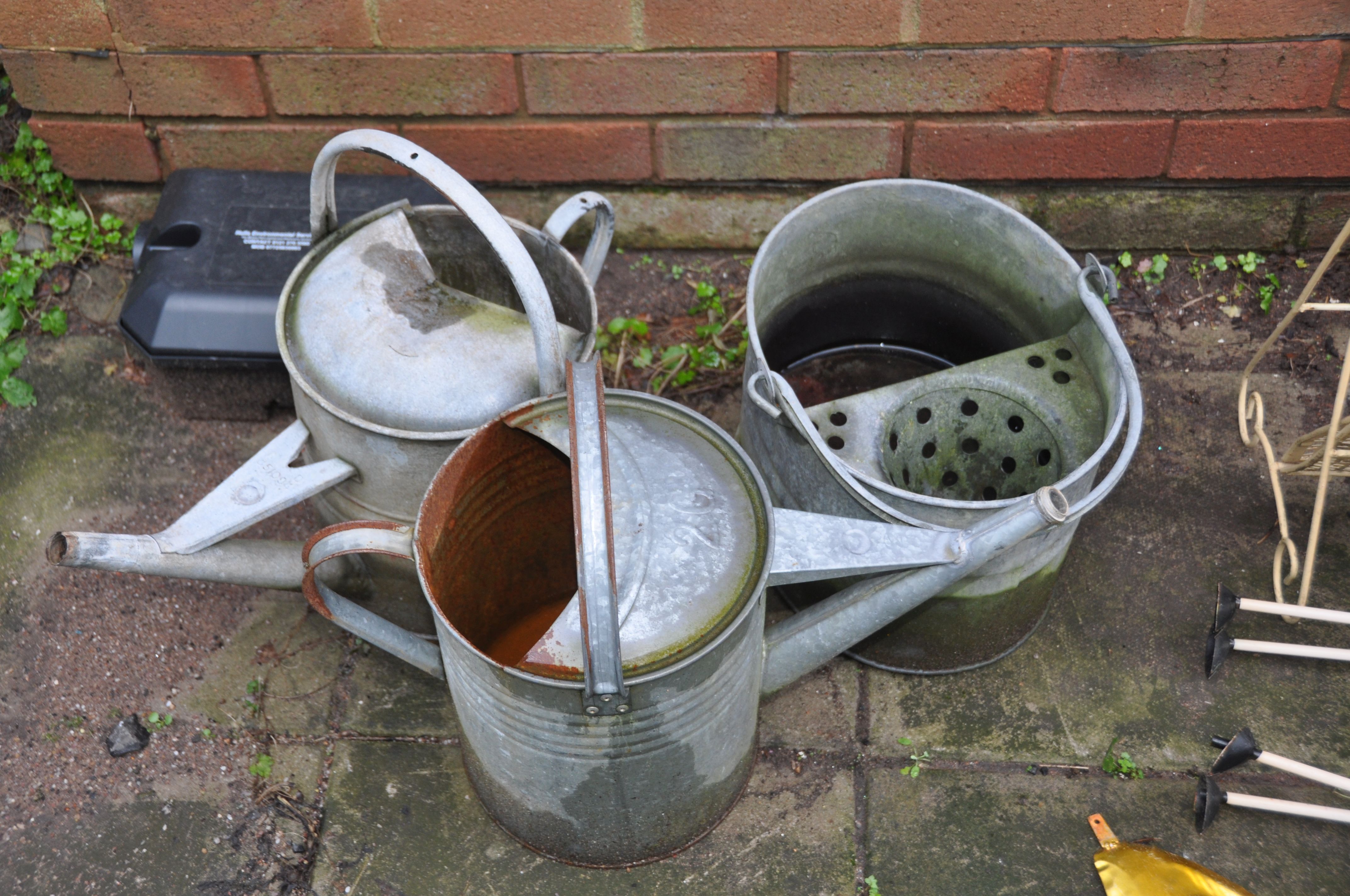 A SELECTION OF METAL GARDEN ORNAMENTS, vintage galvanised buckets and watering cans, a pair of - Image 4 of 5