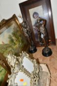 A GROUP OF FIGURES, PICTURES AND FRAME, BIBLE AND SUNDRY ITEMS, to include a pair of bronzed
