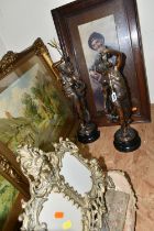 A GROUP OF FIGURES, PICTURES AND FRAME, BIBLE AND SUNDRY ITEMS, to include a pair of bronzed