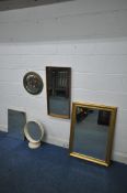 A VARIETY OF MIRRORS, to include a gilt framed bevelled edge mirror, 90cm x 64cm, a teak frame
