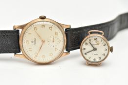 A GENTS 9CT GOLD WRISTWATCH AND A LADIES WATCH HEAD, the manual wind wristwatch, round silvered dial