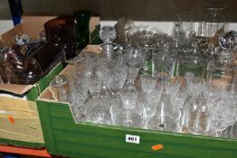 THREE BOXES OF GLASS WARE, to include two red Whitefriars bowls with controlled bubbles, crystal