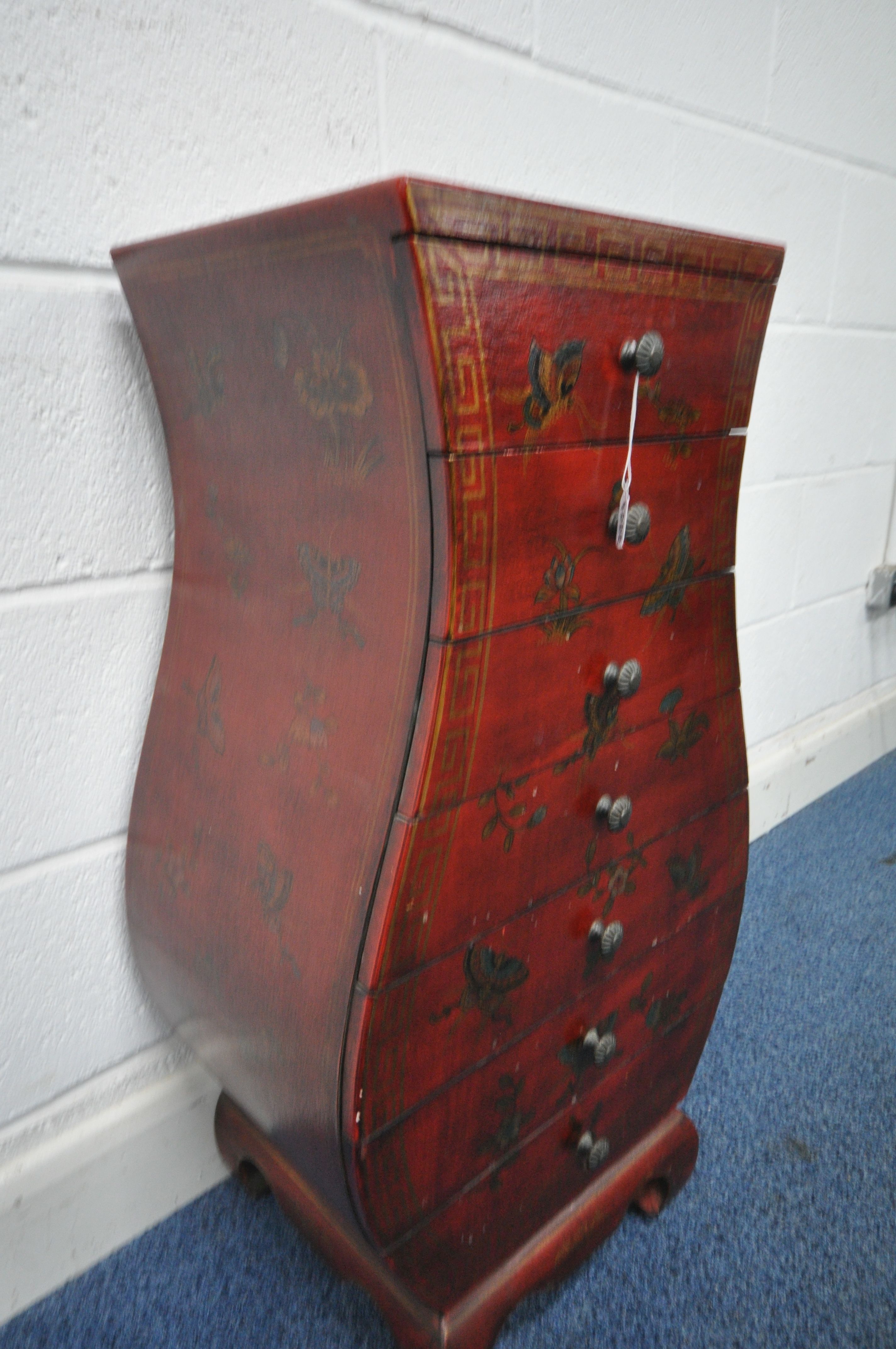A CHINESE STYLE RED FINISH CHEST OF SEVEN DRAWERS, decorated in the chinoiserie taste with foliage - Image 2 of 6