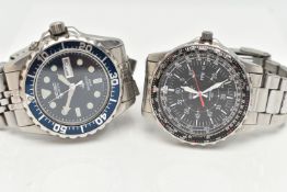 TWO SEIKO DAY DATE WRISTWATCHES, to include a Seiko 100m day date wristwatch with black dial and