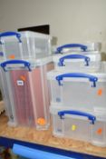 NINE REALLY USEFUL BOXES, comprising a 25l box for 12'' x 12'' hanging files, approximate dimensions