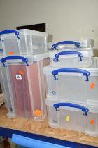 NINE REALLY USEFUL BOXES, comprising a 25l box for 12'' x 12'' hanging files, approximate dimensions