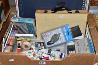 TWO BOXES OF ARTIST'S EQUIPMENT, to include packs of stick on jewels, A3 paper, water colour paints,