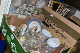 TWO BOXES AND LOOSE RECORDS, CERAMICS, GLASS, METALWARE AND SUNDRY ITEMS, to include twenty two