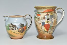 TWO BURLEIGH WARE JUGS, comprising 'The Leather Bottel' 1675 decorated with a harbourside public