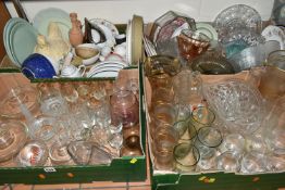 FOUR BOXES OF GLASSWARE AND CERAMICS, to include mid-century lemonade sets, dessert sets, drinking