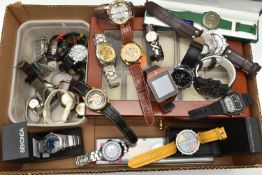 A BOX OF ASSORTED WRISTWATCHES, names to include Swatch, Casio, Timberland, Strada, together with