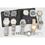 A SELECTION OF WRISTWATCHES AND A WALLET, mainly gents watches, to include three stainless steel '