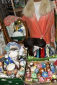 THREE BOXES AND LOOSE VINTAGE FASHION, CERAMICS, PURSES, MIRROR AND SUNDRY ITEMS, to include a 1920s