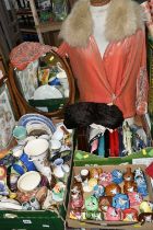 THREE BOXES AND LOOSE VINTAGE FASHION, CERAMICS, PURSES, MIRROR AND SUNDRY ITEMS, to include a 1920s