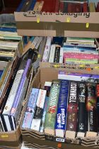 FIVE BOXES OF BOOKS containing over 120 miscellaneous titles in hardback and paperback formats,