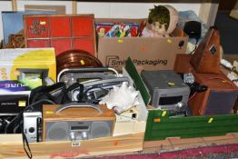 FOUR BOXES OF AUDIO EQUIPMENT AND MISCELLANEOUS SUNDRIES, to include a Roberts Classic 939 radio,