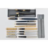 A SELECTION OF PENS, to include a Sheaffer fountain pen with 14k nib and gold plated engine turned