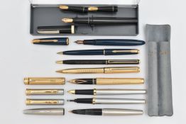 A SELECTION OF PENS, to include a Sheaffer fountain pen with 14k nib and gold plated engine turned