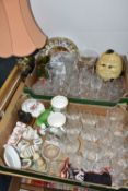 TWO BOXES AND LOOSE CERAMICS, GLASS, LAMP, PICTURES AND SUNDRY ITEMS, to include cut crystal