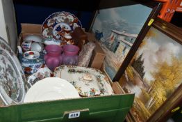 ONE BOX OF CERAMICS AND TWO FRAMED PAINTINGS, to include a Royal Worcester 'Butterfly' pattern