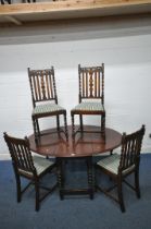 A 20TH CENTURY OAK OVAL BARLEY TWIST GATE LEG TABLE, open width 148cm x closed width 53cm x depth