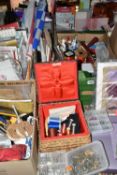 FIVE BOXES AND LOOSE CRAFTING ITEMS ETC, to include ribbons, craft paints, stencils, metal