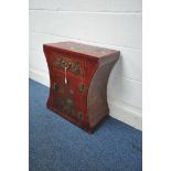 A CHINESE STYLE RED FINISH CABINET, with a single drawer and cupboard door, decorated in the