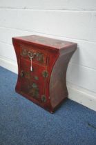 A CHINESE STYLE RED FINISH CABINET, with a single drawer and cupboard door, decorated in the