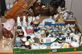 A BOX AND LOOSE CERAMICS AND OTHER ORNAMENTS, to include a large ceramic shire horse with cart,