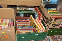 FIVE BOXES OF BOOKS containing over 100 miscellaneous titles in hardback and paperback formats,