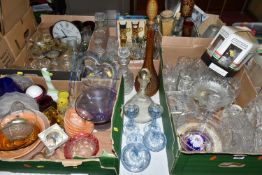 FIVE BOXES OF GLASSWARE, to include a mid-century amber coloured 'Genie' bottle with stopper, a