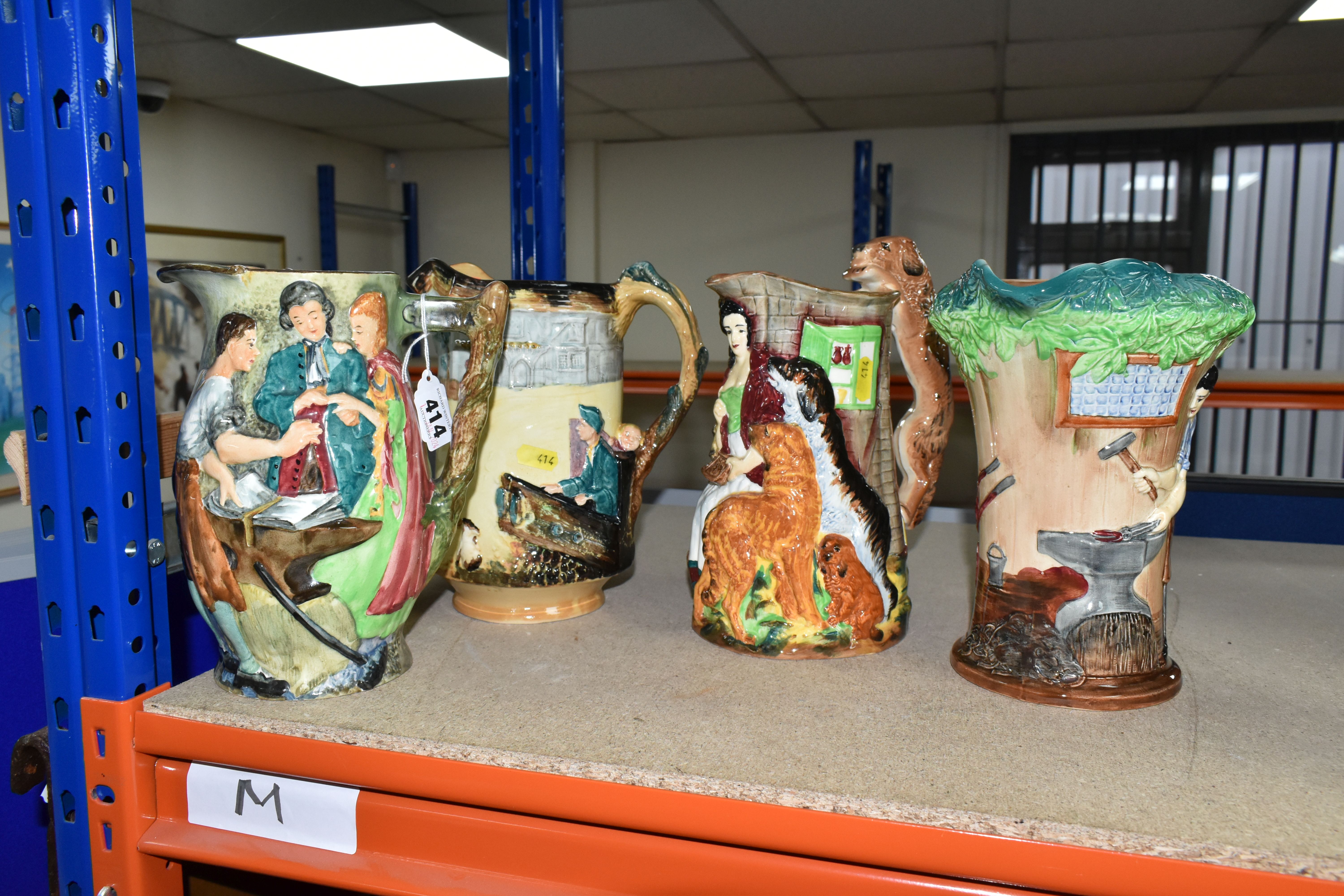 FOUR BURLEIGH WARE JUGS/PITCHERS, comprising 'Old Feeding Time' with a dog handle, 'The Village