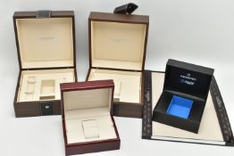 EMPTY WATCH BOXES AND A TRAY, to include two wooden 'Longines' watch boxes with cushion inserts, a