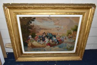 A LATE VICTORIAN TAPESTRY, of a 17th Century scene of Royalty in a boat approaching a jetty, the