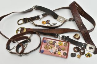 A SELECTION OF MAINLY METAL GIRL GUIDE BADGES AND LEATHER GIRL GUIDE BELTS ETC., badges include