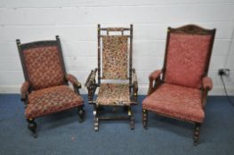 AN EDWARDIAN AMERICAN ROCKING CHAIR, along with a carved oak deep open armchair, and an Edwardian