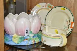 FOUR PIECES OF CLARICE CLIFF CERAMICS, comprising a Newport Pottery pale pink Water Lily