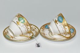 TWO MINTON PATE SUR PATE TEA CUPS AND SAUCERS, PATTERN NO. H5328, ALL PIECES WITH OVAL PANELS OF
