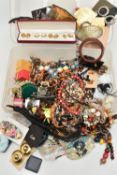 A BOX OF ASSORTED COSTUME JEWELLERY, a selection of clip on earrings, beaded necklaces, bracelets