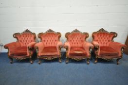 A SET OF FOUR REPRODUCTION VICTORIAN STYLE ARMCHAIRS, the frame with foliate detailing all over,