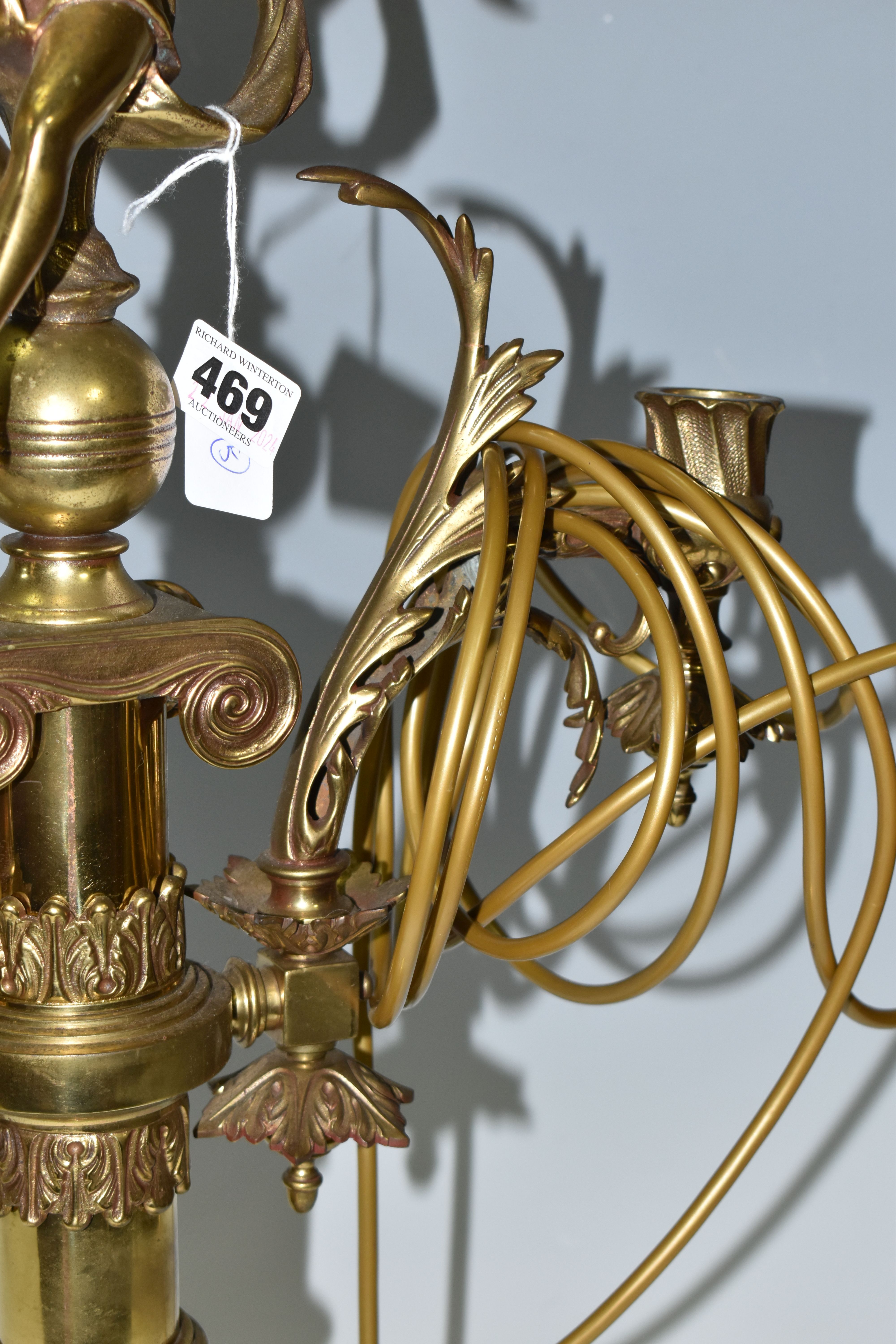 A LARGE BRASS FIGURAL TABLE LAMP, with three bulb fittings at the top, brass gimble and two flame - Image 4 of 10