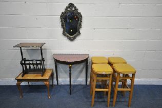 A SELECTION OF OCCASIONAL FURNITURE, to include a set of four beech stools, a gilt resin foliate