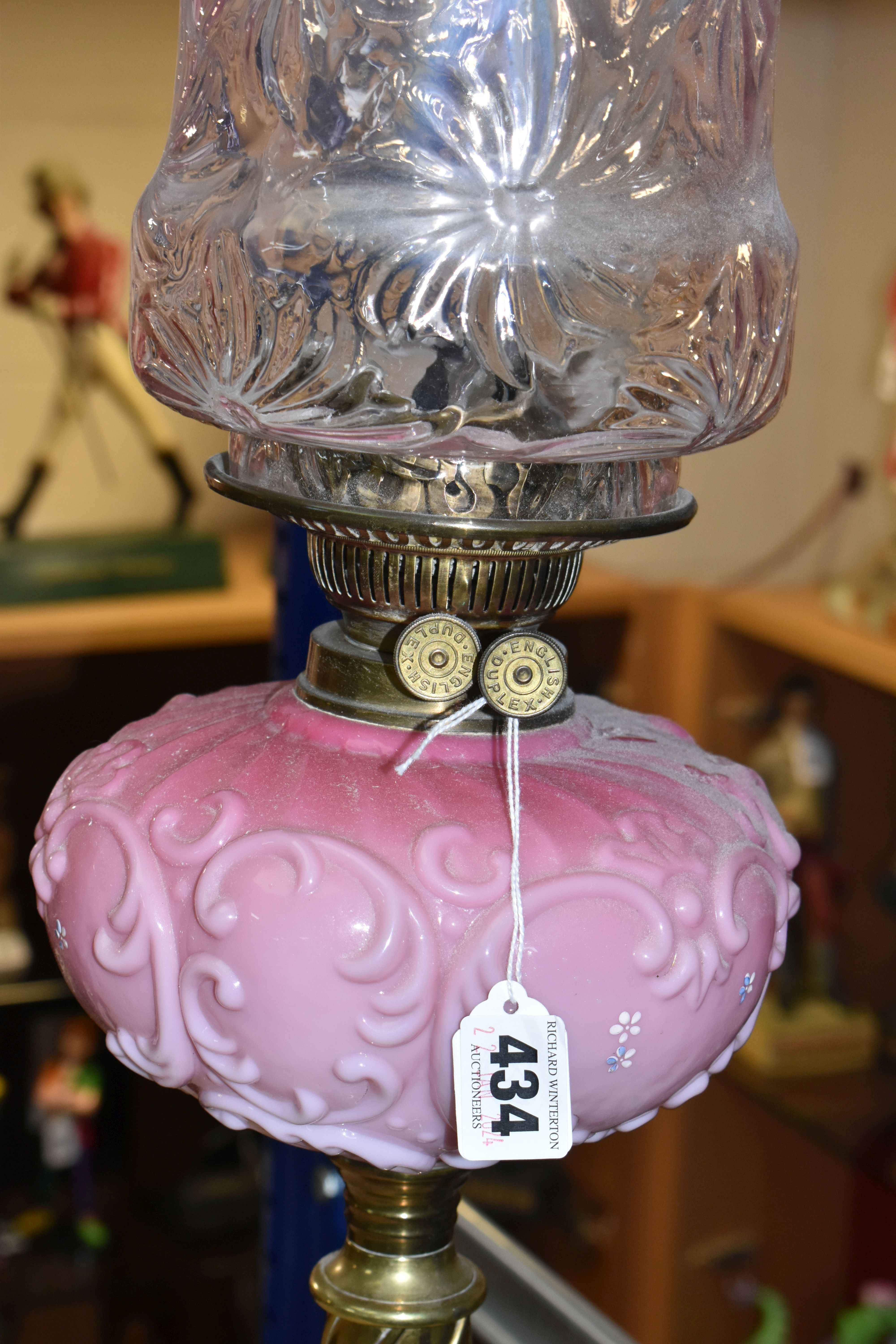 A TALL VICTORIAN BRASS OIL LAMP, with a pink glass reservoir, clear to cranberry frilled shade, - Image 4 of 7